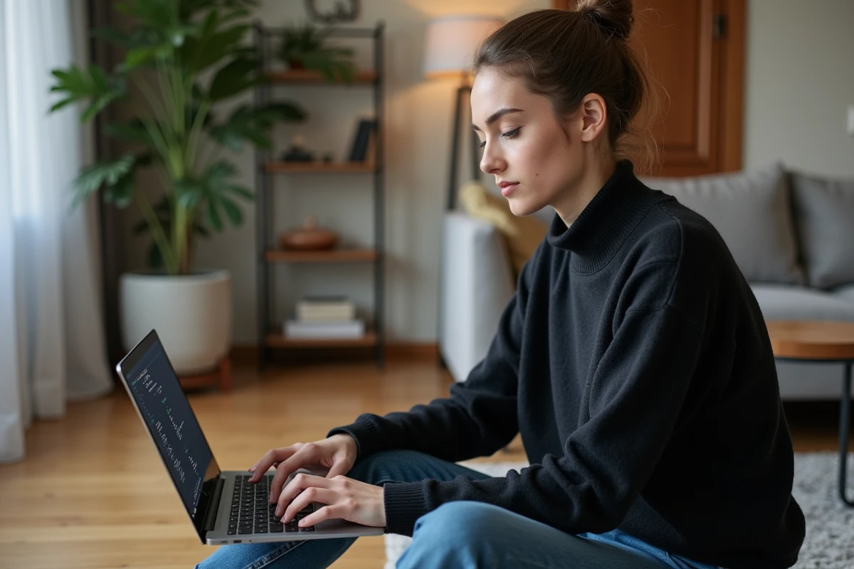 Jeune femme assise analysant des données sur un laptop