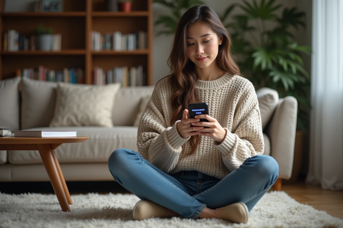 Jeune femme avec smartphone dans un salon cosy