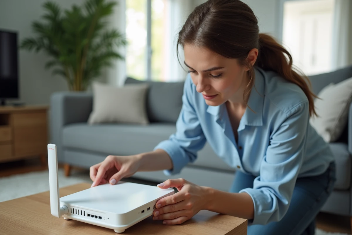 Femme qui réinitialise un routeur internet blanc posé sur un meuble de salon pour résoudre un problème d'accès à la box