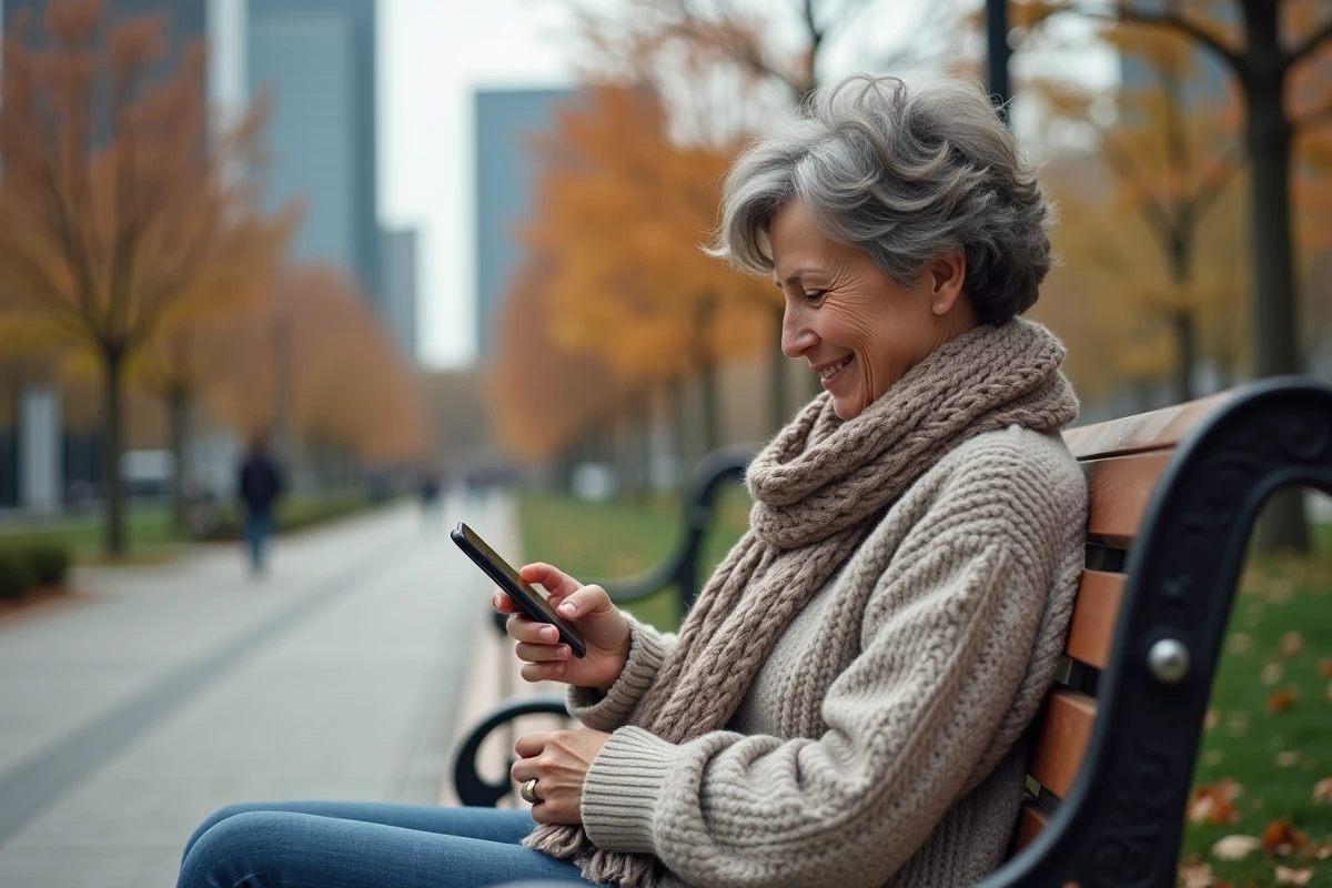 Femme détendue dans un parc urbain lisant ses flux RSS sur smartphone