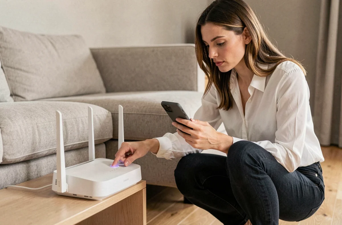 Femme vérifiant le routeur internet à domicile tout en consultant son smartphone pour diagnostiquer une connexion