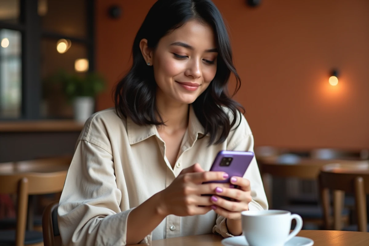 Femme utilisant un Samsung Galaxy A35 5G dans un café moderne pour naviguer sur les réseaux sociaux