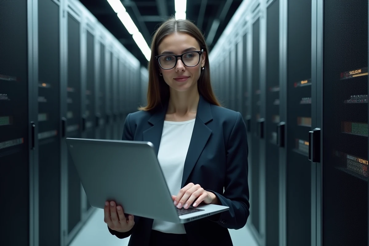 Femme en blazer compare diagrammes dans un centre de données