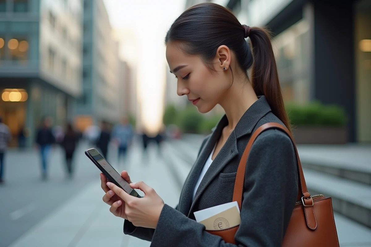 Femme vérifiant des statistiques sur son smartphone en ville