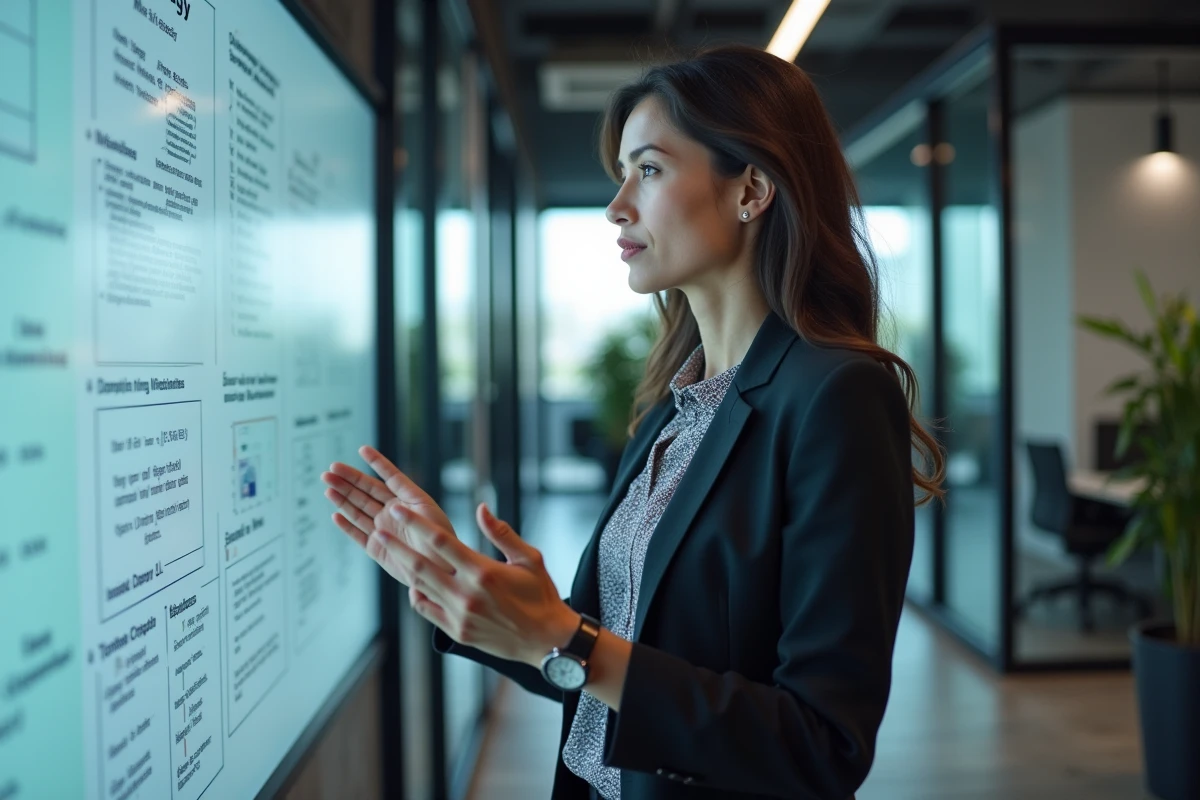 Femme professionnelle discutant stratégie avec tableau digital