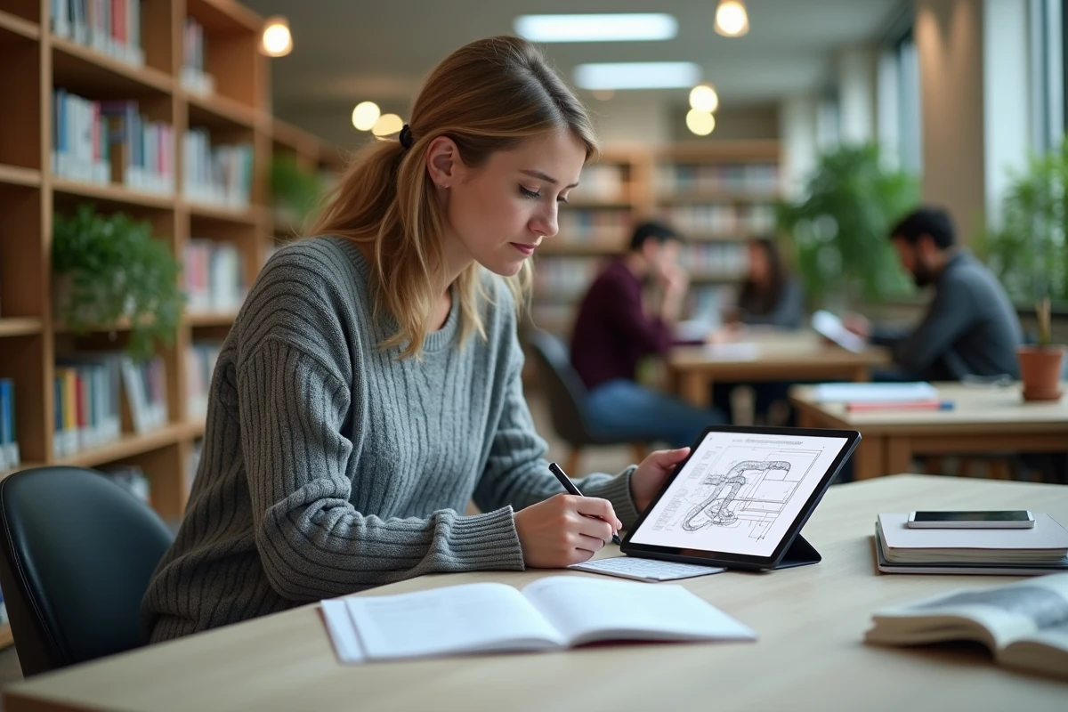 Femme travaillant sur un diagramme électrique avec une tablette