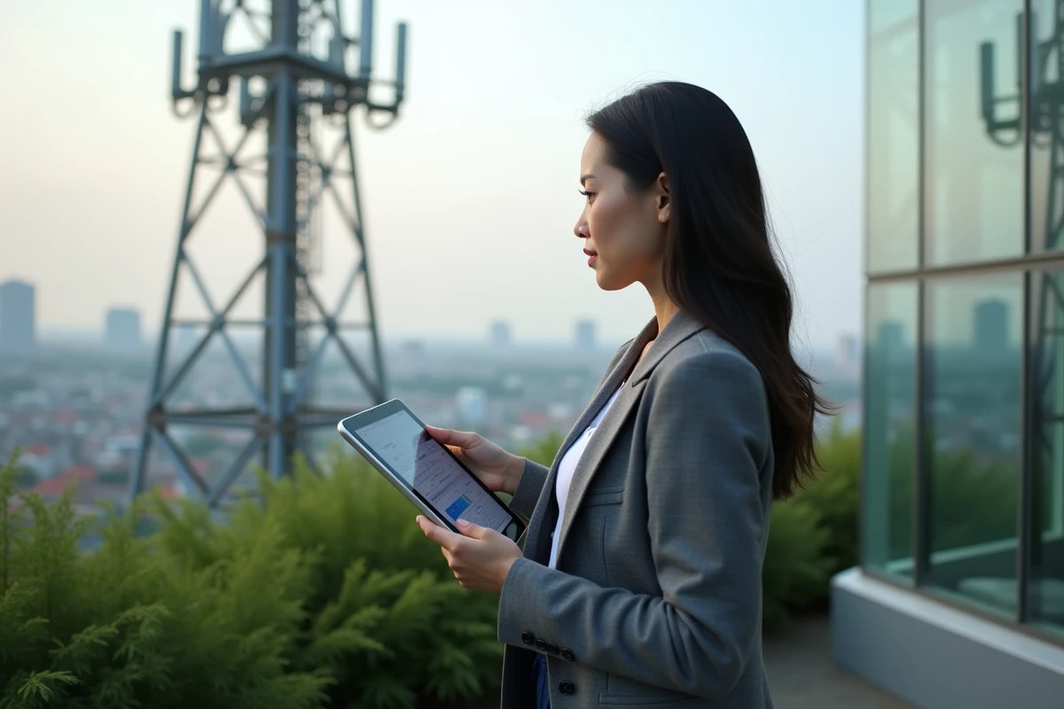 Femme professionnelle près d une antenne 5G avec tablette en extérieur