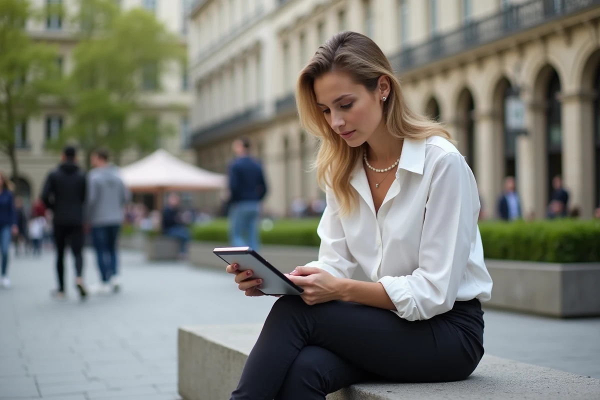 Femme dans une place urbaine travaillant sur sa tablette