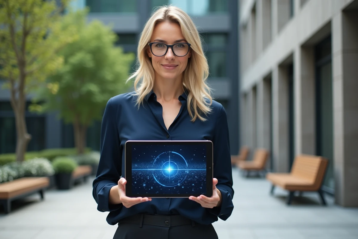 Femme dehors tenant une tablette avec un graphique blockchain
