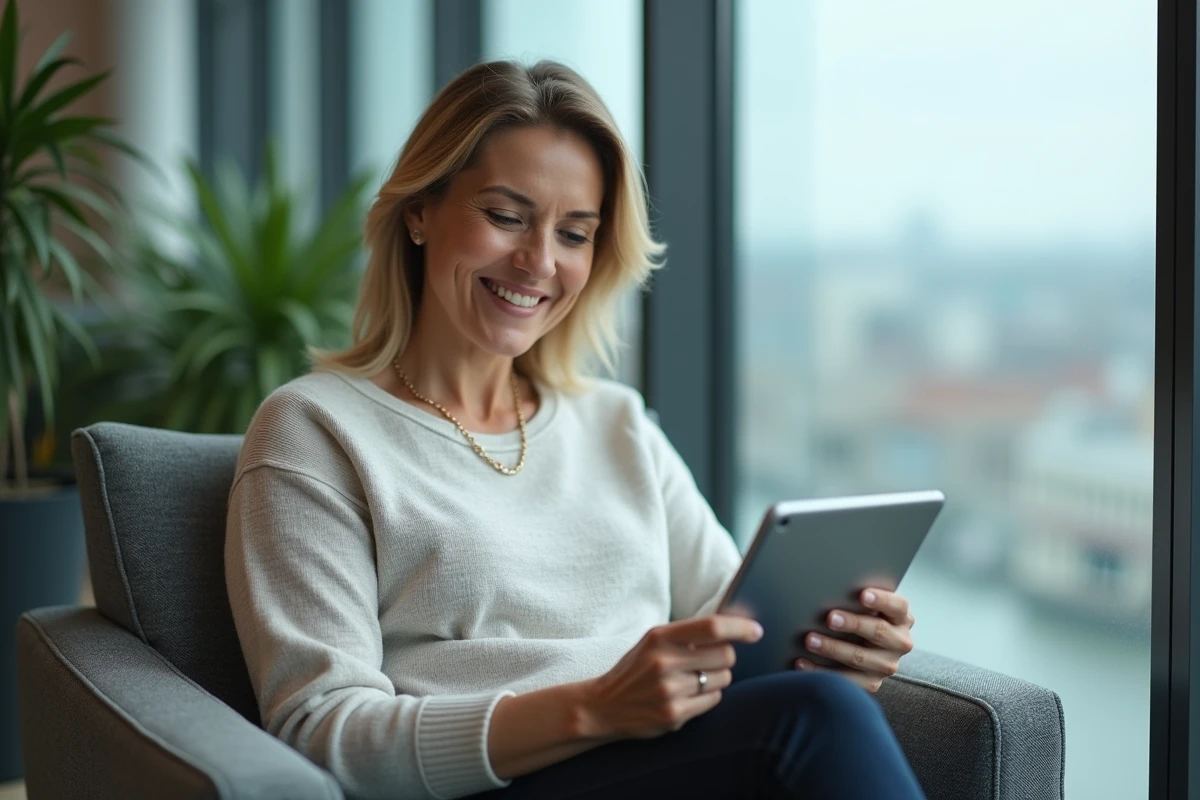 Femme souriante utilise une tablette dans un bureau moderne