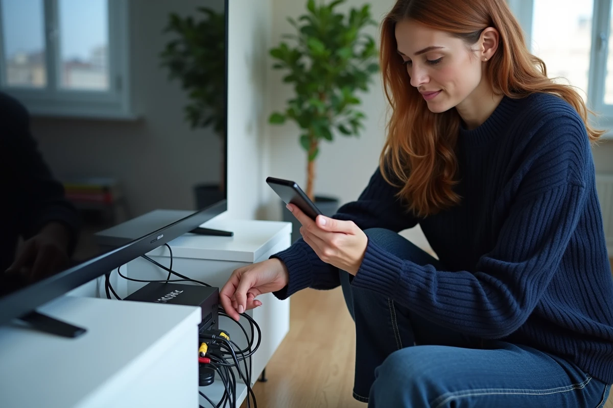 Femme vérifiant les câbles de sa box Orange derrière la télévision pour résoudre une erreur réseau