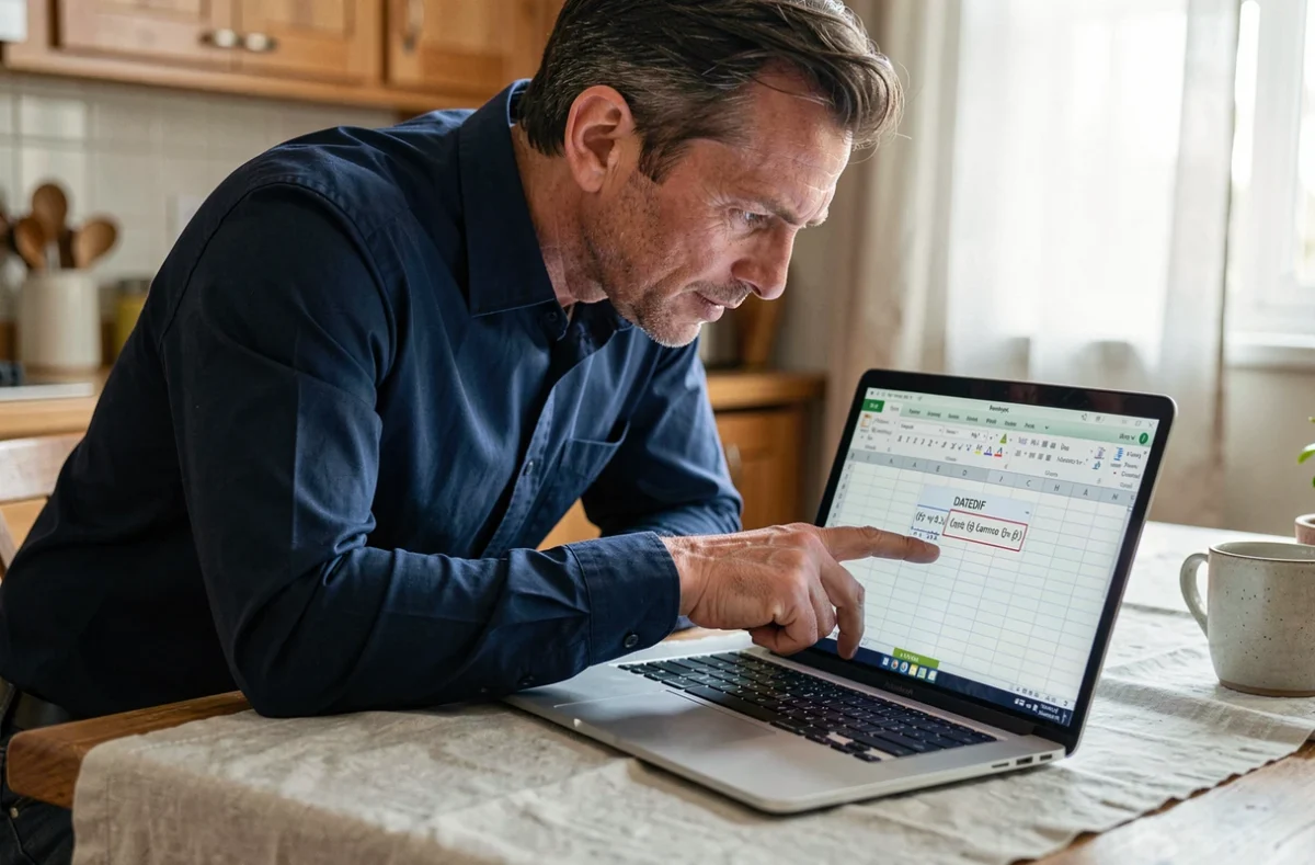 Homme utilisant une formule Excel DATEDIF pour calculer automatiquement l'âge et les anniversaires sur un ordinateur portable