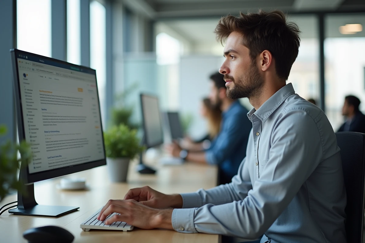 Professionnel gérant et classant ses courriels sur un webmail universitaire dans un bureau moderne de campus