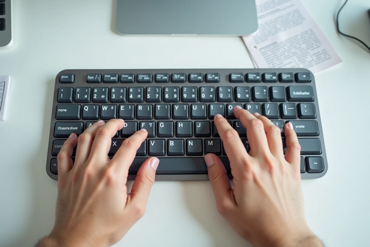 Gros plan de mains sur un clavier AZERTY montrant les touches pour saisir le È majuscule avec accent aigu
