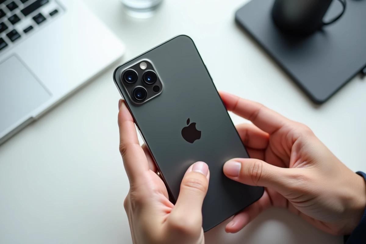 Gros plan des mains tenant un iPhone 15 montrant la batterie et le module photo arrière, test d'autonomie et d'échauffement du smartphone
