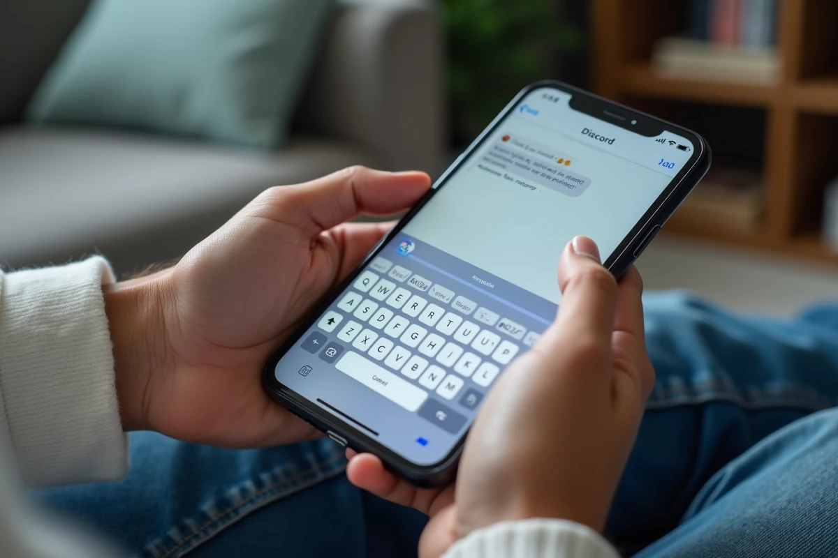 Gros plan de mains tenant un smartphone affichant un message en italique dans l'application mobile Discord