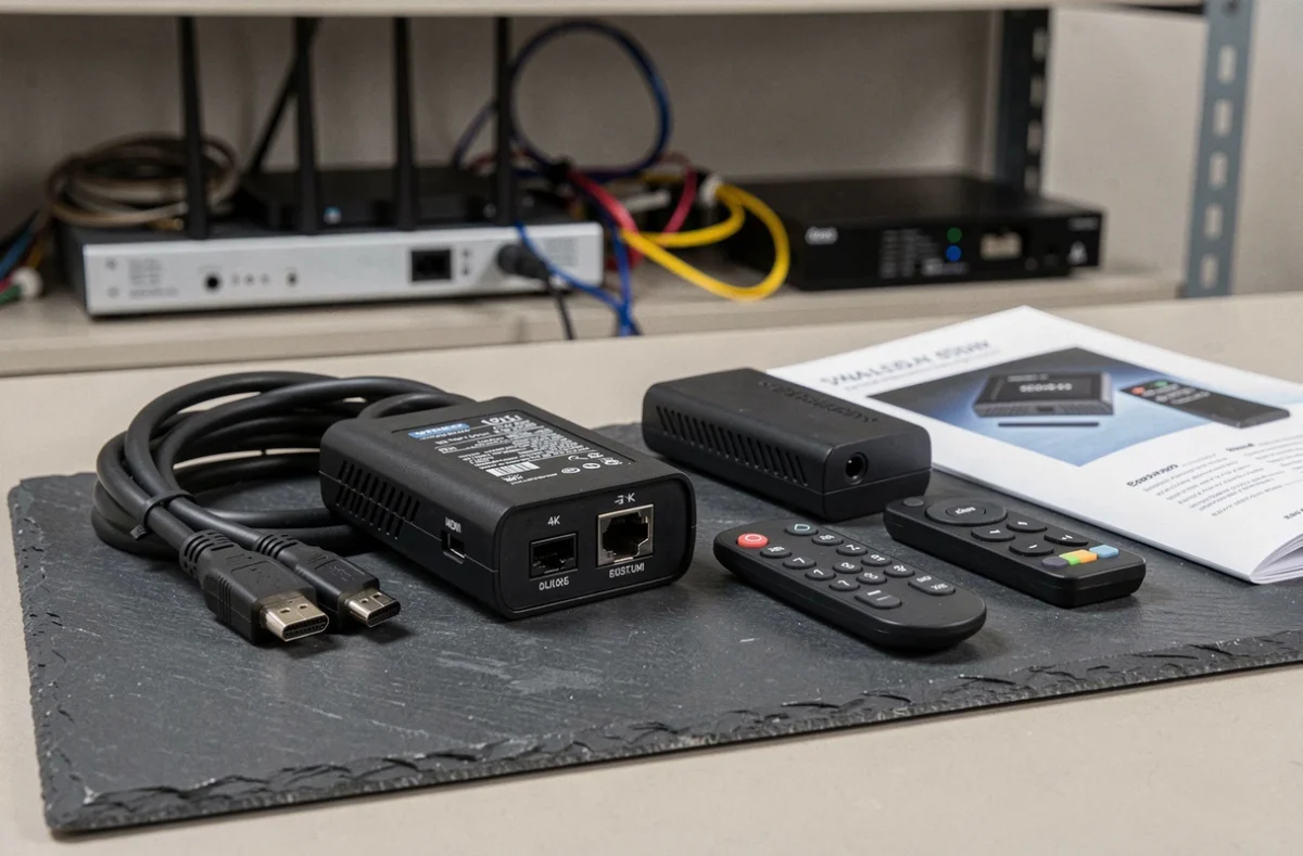 Gros plan sur un transmetteur et récepteur HDMI sans fil 4K posés sur une surface ardoise avec accessoires