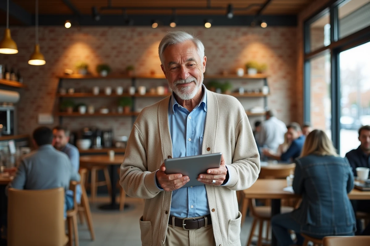 Homme âgé utilisant une tablette dans un café lumineux