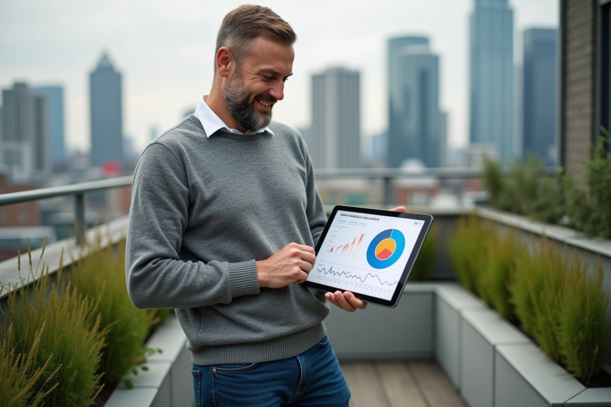 Homme analysant des graphiques sur une tablette en extérieur