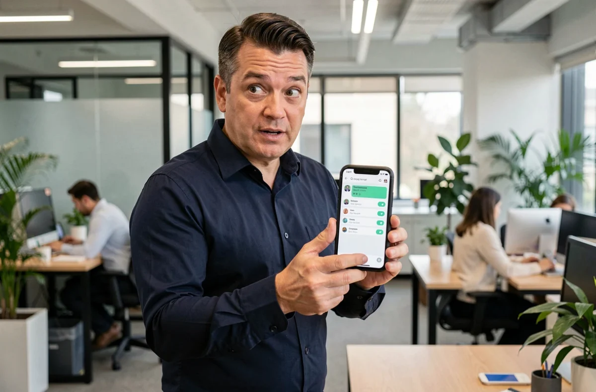 Homme consultant une application de traduction sur smartphone dans un bureau moderne avec des astuces Google Traduction