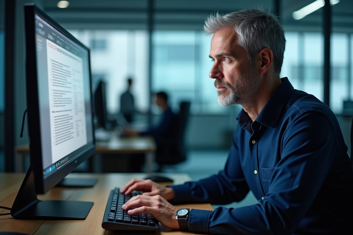 Homme en bureau professionnel utilisant un clavier d'ordinateur pour écrire un texte en français avec accents