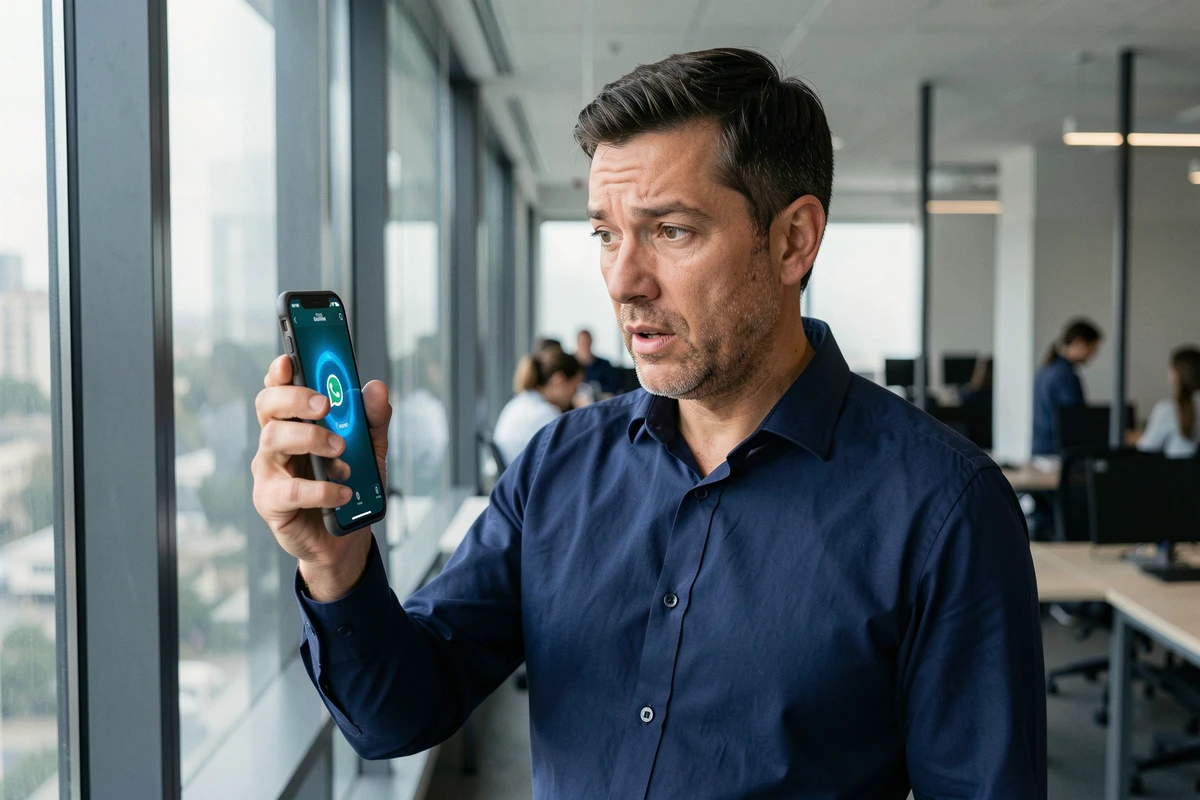 Homme en bureau d'entreprise examinant attentivement le cercle bleu WhatsApp sur son téléphone