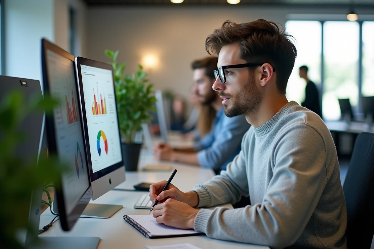 Jeune homme analysant des graphiques dans un espace de coworking