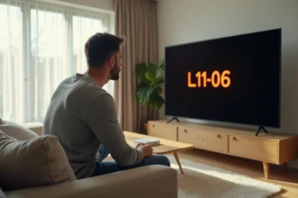 Homme consultant un code erreur L11-06 affiché sur son téléviseur Orange dans son salon moderne