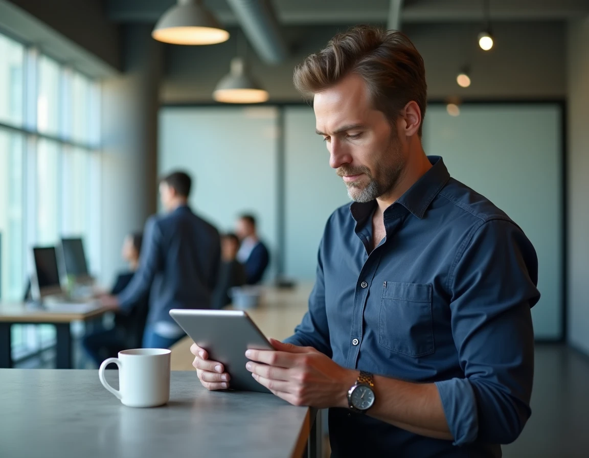 Homme d'affaires consultant un comparatif technologique sur tablette dans un espace de travail moderne
