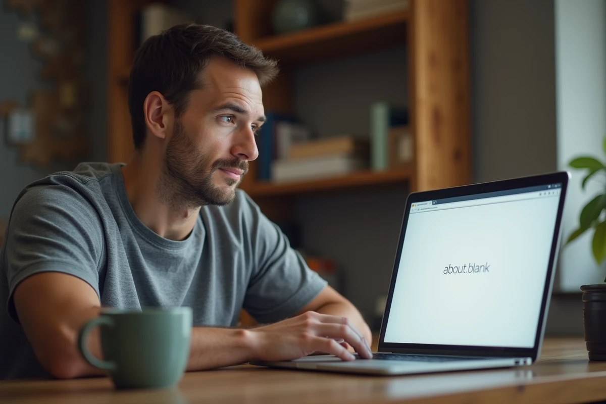 Homme confus devant un écran d'ordinateur affichant une page about:blank dans un navigateur web