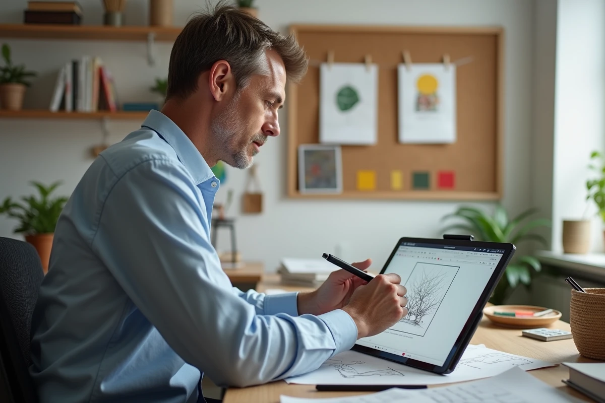 Homme sketchant un poster sur une tablette dans un studio créatif