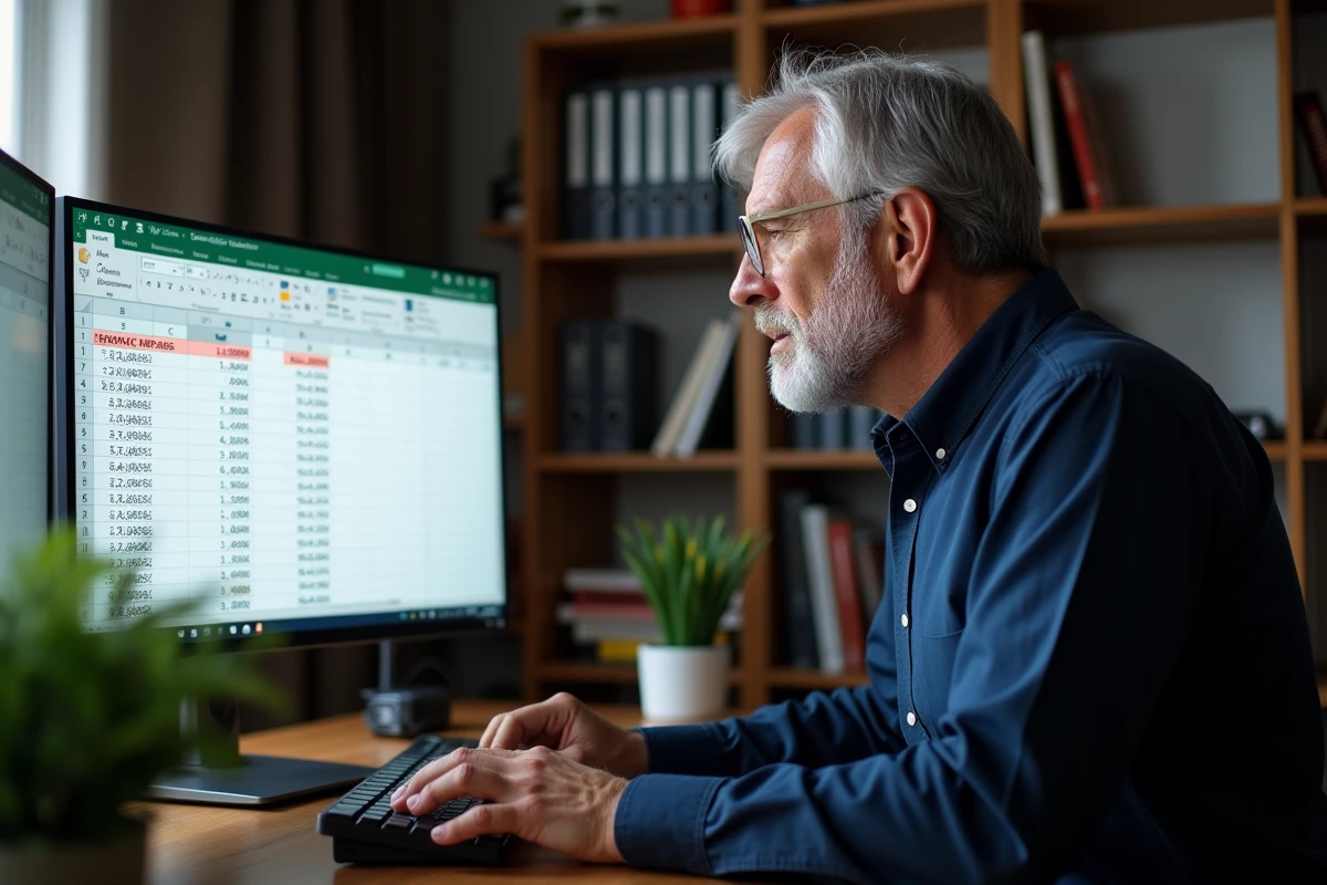 Homme frustré devant un écran Excel affichant des erreurs de formule soustraction #VALEUR! dans un bureau à domicile