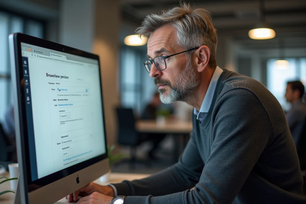 Homme en entreprise consultant un formulaire en ligne sur un navigateur web avec menu déroulant de version