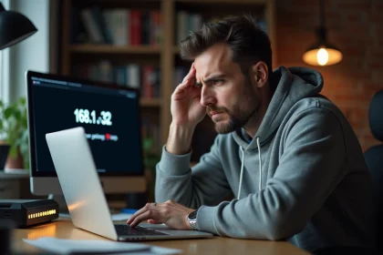 Homme frustré devant un écran d'erreur de connexion à l'adresse 168.1..32 sur un ordinateur portable à son bureau à domicile