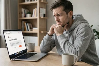 Homme frustré devant un ordinateur portable affichant une page d'erreur de site web indisponible