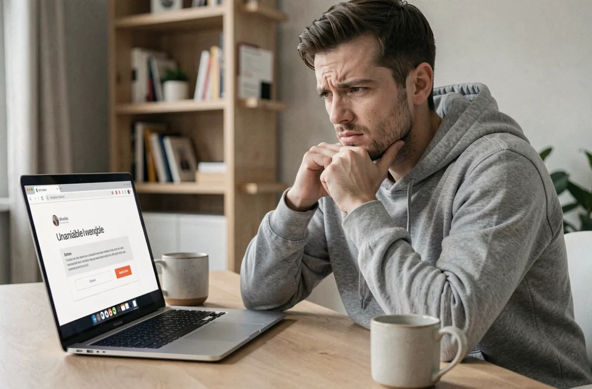 Homme frustré devant un ordinateur portable affichant une page d'erreur de site web indisponible