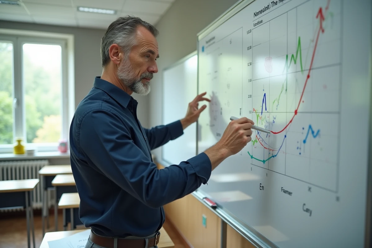 Homme en classe traçant un graphique coloré au tableau