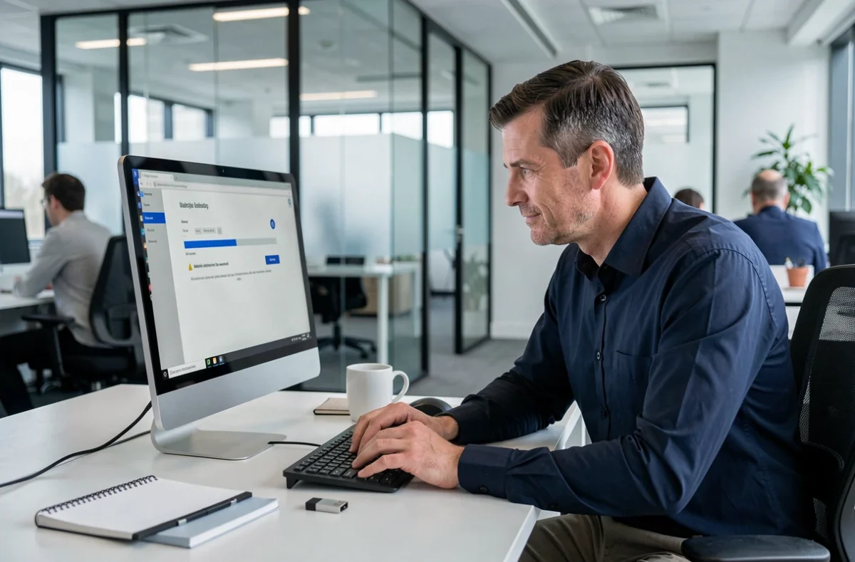 Homme en bureau professionnel confronté à une limite de taille de pièce jointe sur un webmail