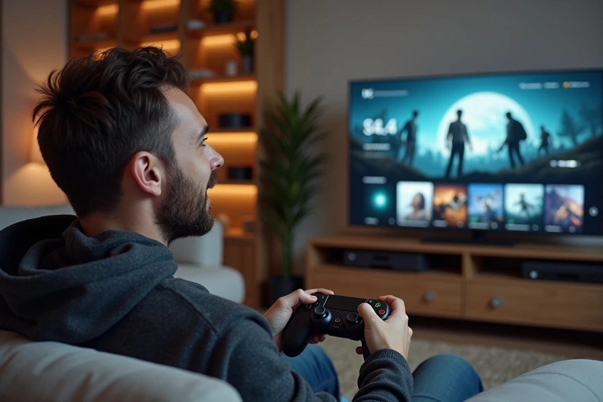 Homme tenant une manette de nouvelle génération Xbox devant un écran affichant une bibliothèque de jeux vidéo moderne dans un salon