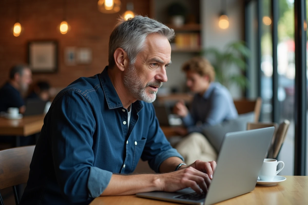 Homme utilisant un navigateur web sur un laptop dans un café urbain moderne
