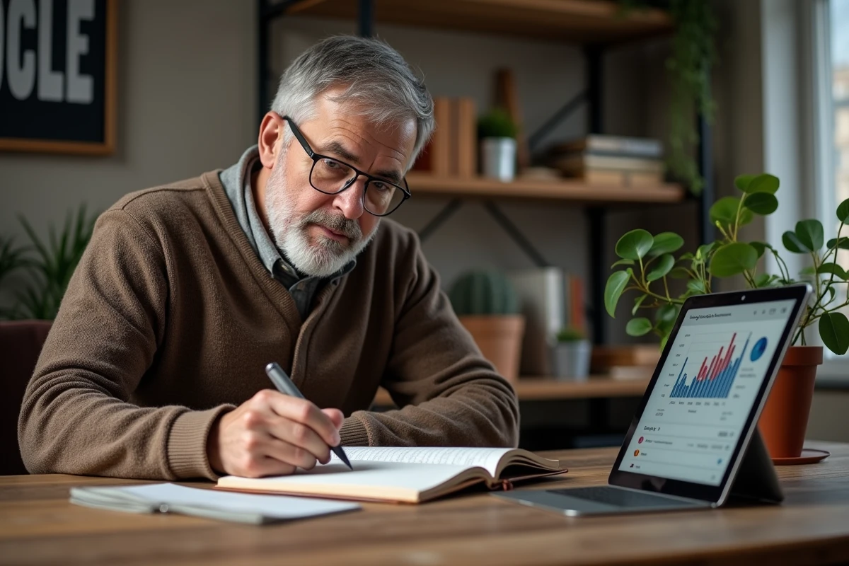 Homme d age moyen prenant des notes dans un espace de travail cosy