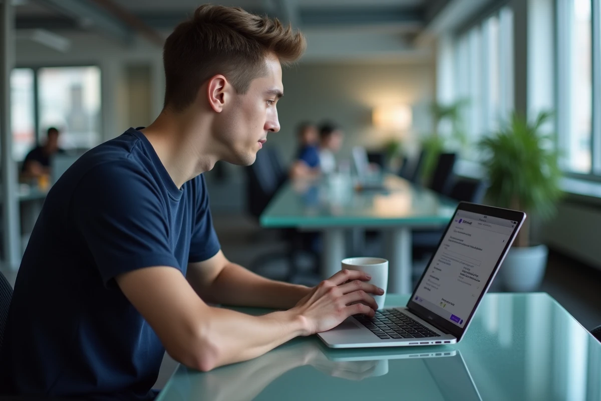 Homme en open space travaillant sur un ordinateur portable avec Discord ouvert affichant des messages en italique