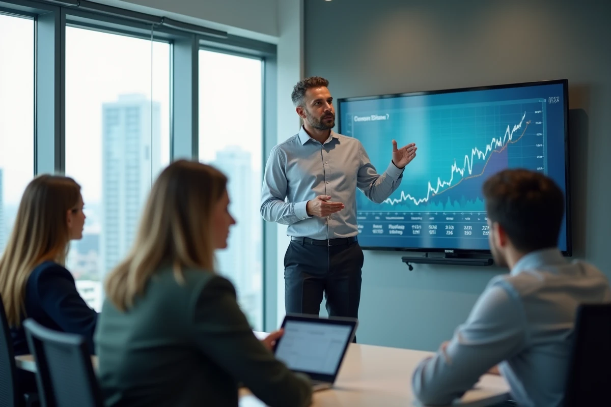 Homme en réunion présentant un graphique digital