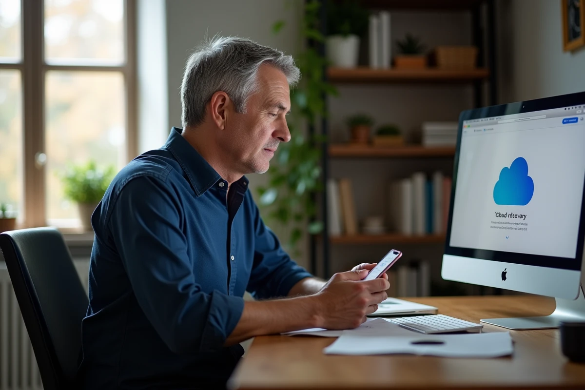 Homme consultant son iPhone et son MacBook pour récupérer des photos supprimées définitivement sur iCloud