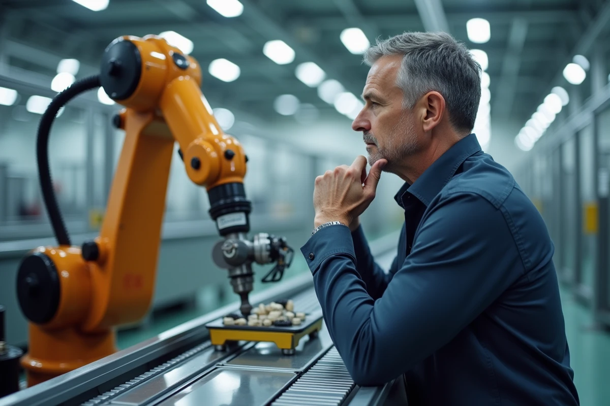 Homme d affaires observant un robot industriel en usine