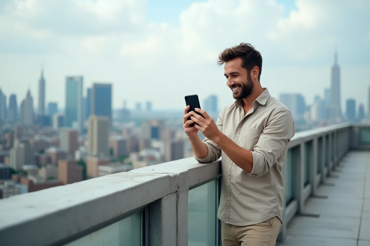 Jeune homme prend photo de la ville depuis un rooftop urbain