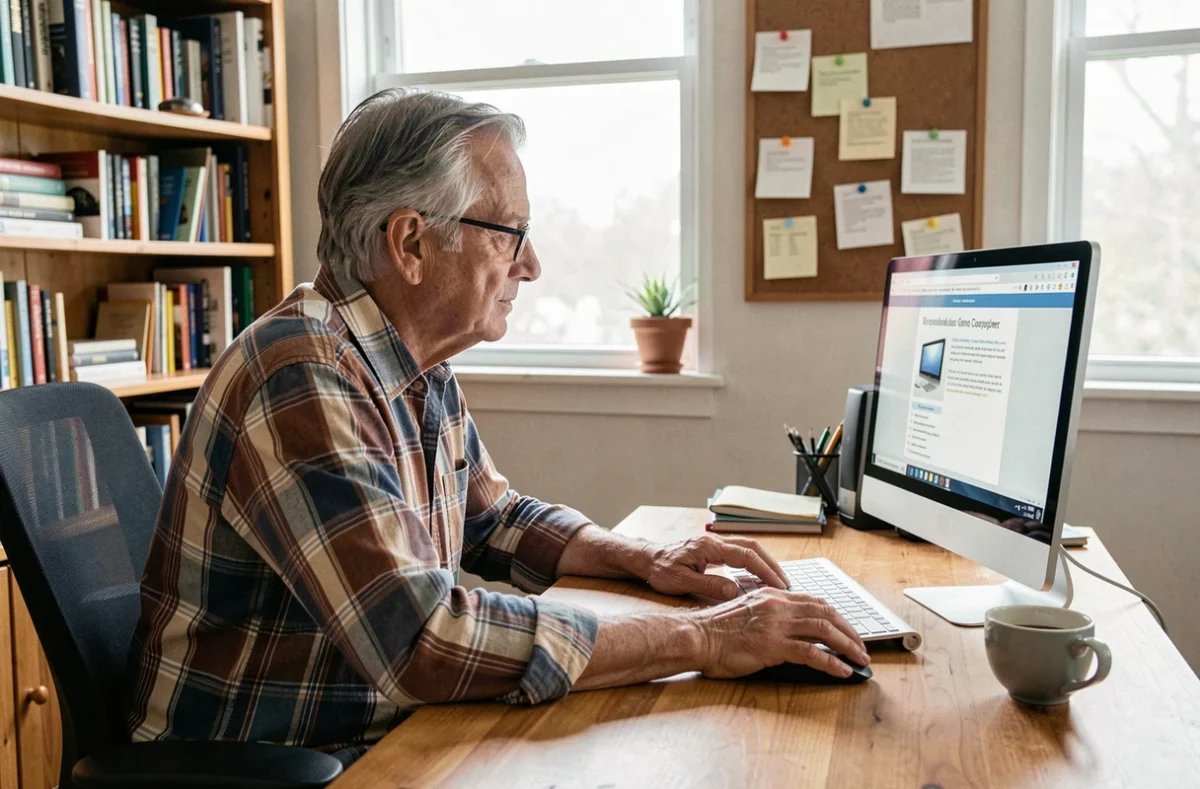 Homme senior suivant un cours d'informatique débutant en PDF sur un ordinateur de bureau dans un bureau à domicile organisé