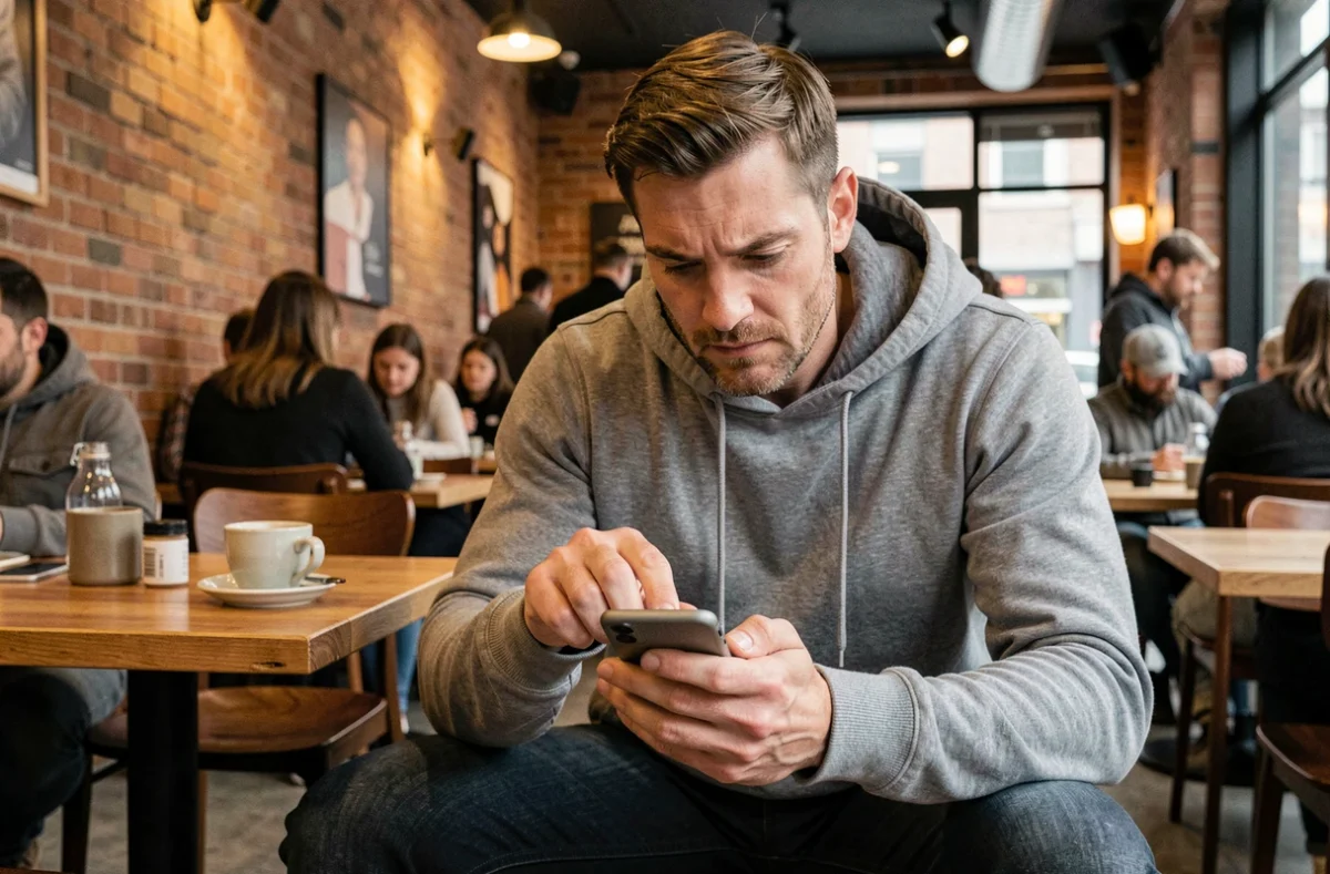 Homme dans un café consultant son smartphone pour gérer une adresse email temporaire sécurisée
