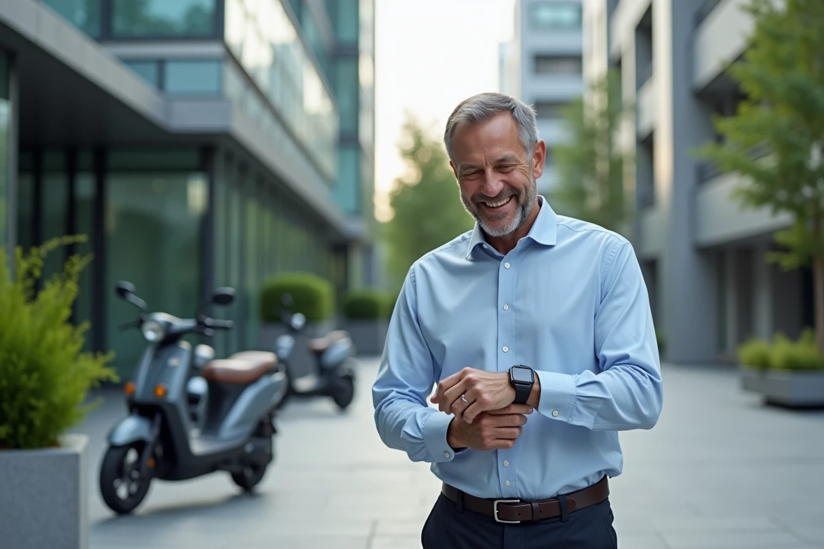 Homme vérifiant sa montre connectée devant un bâtiment moderne