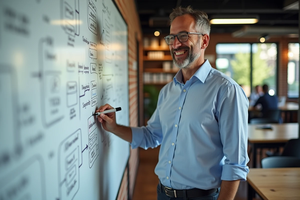 Homme d age moyen discutant de stratégies SEO devant un tableau blanc